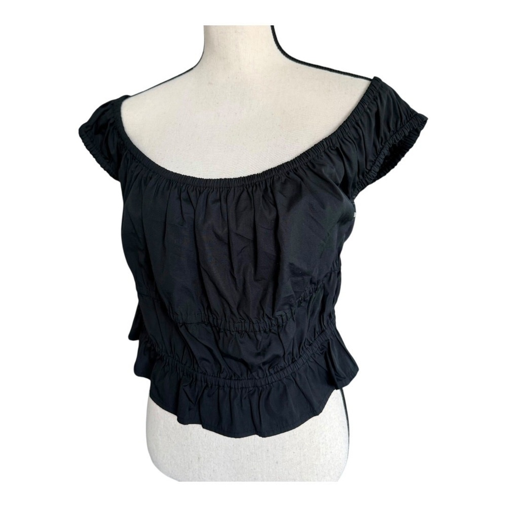 Open Edit Womens Shirred Off the Shoulder Cotton Top Black XL New